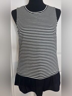 J.CREW Women's Sleeveless Black/White Striped Top, Ruffled Hem, Size XS